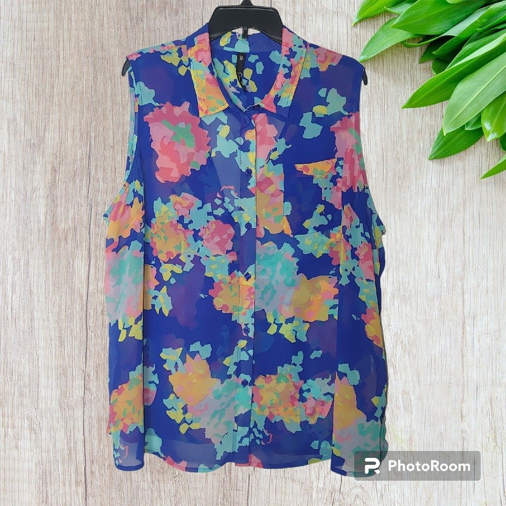 Jessica Simpson Sheer Sleeveless Blouse Size 2X Chiffon Cutout Back Colorful